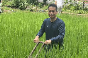 徳丸北野神社田遊び保存会が手や「田打ち車」で草抜き